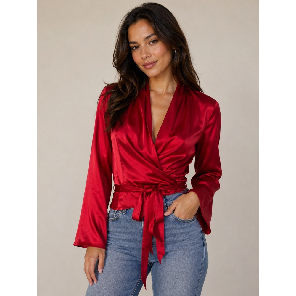 Talbots Red 100% Silk Satin Wrap Blouse Shawl Collar Bell Sleeve Size 14